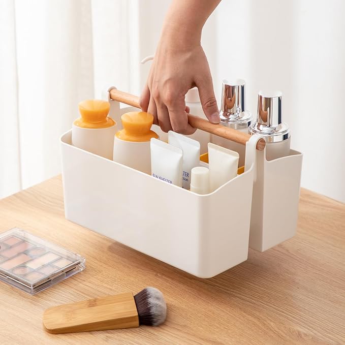 EZOWare Set of 4 Plastic Stackable Caddy Tote Set, Large Storage Organizer Bins w/Removable Compartment Divider & Handle for Makeup, Bathroom, Office, School, Crafts, Nursery - White and Orange - Image 6