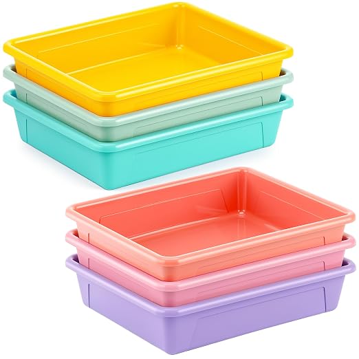 Affrolling 6 Pack Letter Size Flat Storage Tray, Stackable Plastic Organizer Bins for Classroom, Turn in Paper Tray Art Supply Baskets for Home School Office Teacher Desk Organization (Pastel Colors) by Affrolling