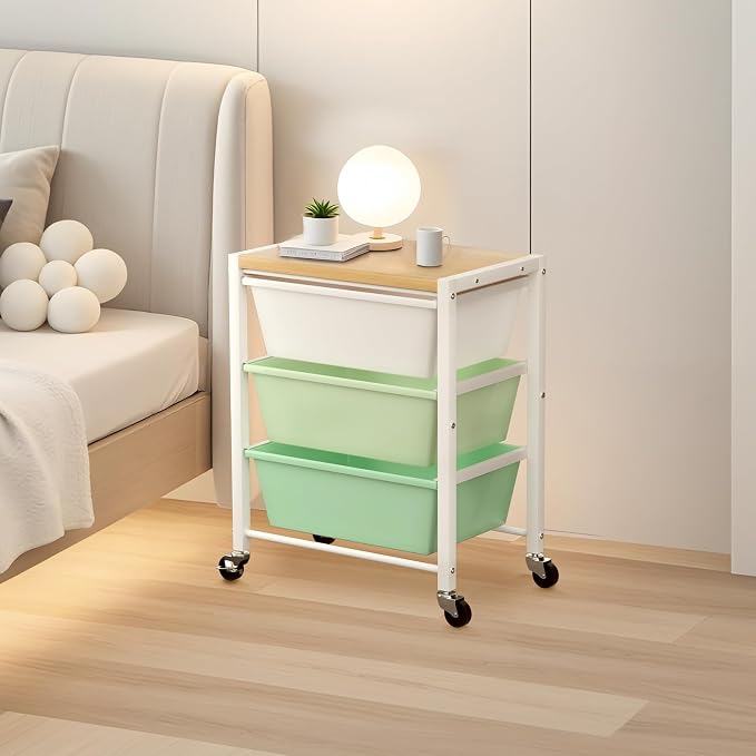 Rolling Cart with 3 Drawers, Plastic Drawer Storage Carts with Lockable Wheels & Wooden Tabletop, Metal Utility Cart Organizer, Office Bedroom Classroom Craft Organization and Storage, Bright Green - Image 2