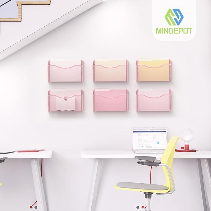 MINDEPOT Wall File Organizer, Hanging Wall File Holder, 1 Pack, Pink | Heavy Duty Iron, Metal Mesh Wall Mount, Single Pocket, Mail Organizer, for Office School Classroom Home, Letter A4 Size - Image 6