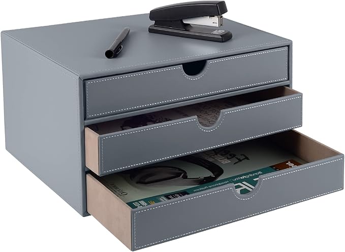 PU Leather Desk Organizer with 3 Drawers,Executive Office Supplies Desktop Filing A4 File Cabinet/Holder for Jewelry/Bill/Paper/Documents/Makeup Home Decor Stationery Storage Box,Grey by XNONE