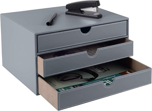 PU Leather Desk Organizer with 3 Drawers,Executive Office Supplies Desktop Filing A4 File Cabinet/Holder for Jewelry/Bill/Paper/Documents/Makeup Home Decor Stationery Storage Box,Grey by XNONE