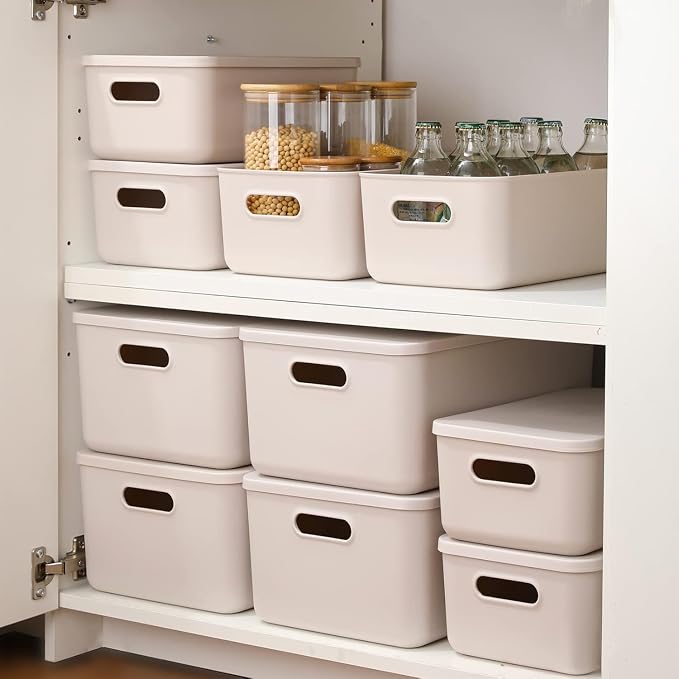 Ytteve 6 Pack Light Grey Stackable Plastic Storage Bins with Lids & Handles, Durable - 4 Large (14.4"x10.2"x6.3") & 2 Medium (11.8"x8"x4.7"), Multi-size for Closet, Shelves, Drawers, Home & Office - Image 4