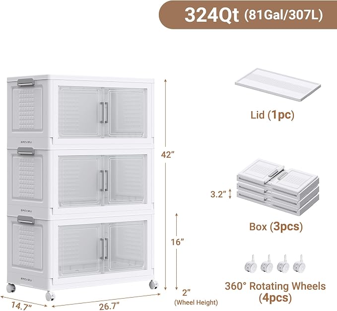 BROVIEW 324 Qt Stackable Storage Bins Foldable Cabinet, V40 White 3-Pack | Extra Large Collapsible Storage Bins with Lid Doors Wheels Dividers, Closet Organizers and Storage Drawer for Home Office - Image 2