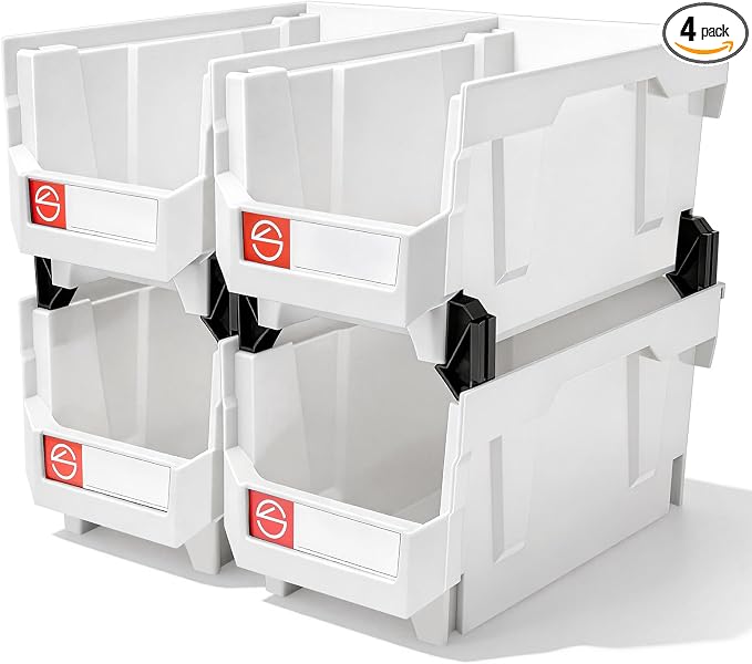 4Pack Storage Organizer Boxes,Desk Drawer Organizer, Stackable Storage Bins for Store Tools,Office Supplies,Workshop,Containers Garage(14.84" x 8.39"x 7.01"),White by Pe%26Hui