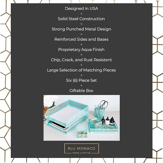 BLU MONACO | Aqua Desk Organizer Set for Women 6 Piece | Mail Sorter Organizer Countertop with Letter Sorter for Desk | Standing File Organizer with Mesh Pen Holders - Image 3