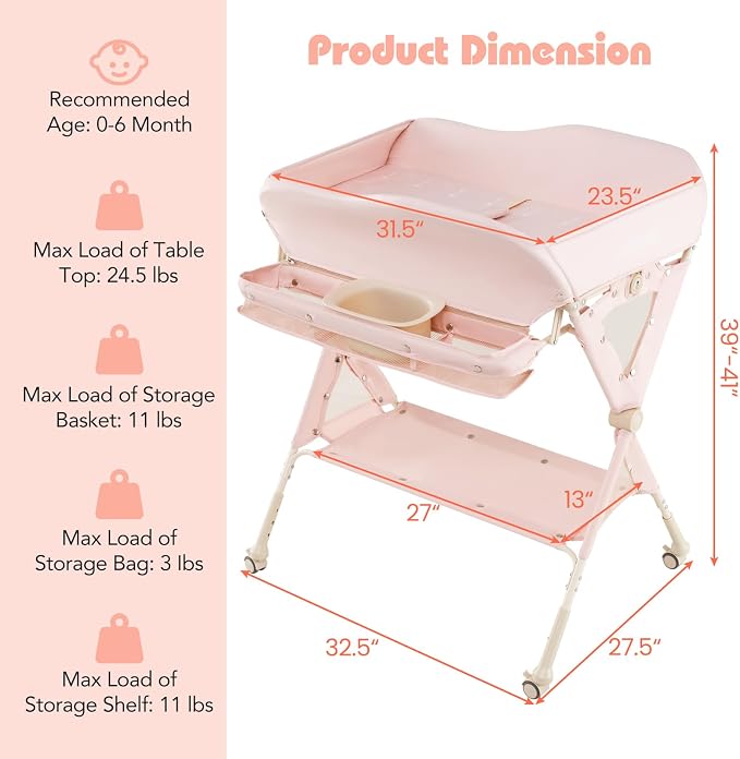 INFANS Baby Changing Table with Wheels, Portable Folding Diaper Station Nursery Organizer with Storage Basket, Hanging Rack, Adjustable Height, Safety Belt for Newborn Infant (Light Pink) - Image 5