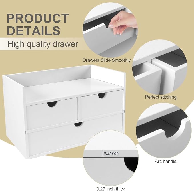 Charmewooden Bamboo Desk Organizer 3 Drawer with Shelf, Countertop Organizer with Drawers Makeup Storage Drawer 3 Drawers Tabletop Storage Organization Box Home Office Workspace（White） - Image 6