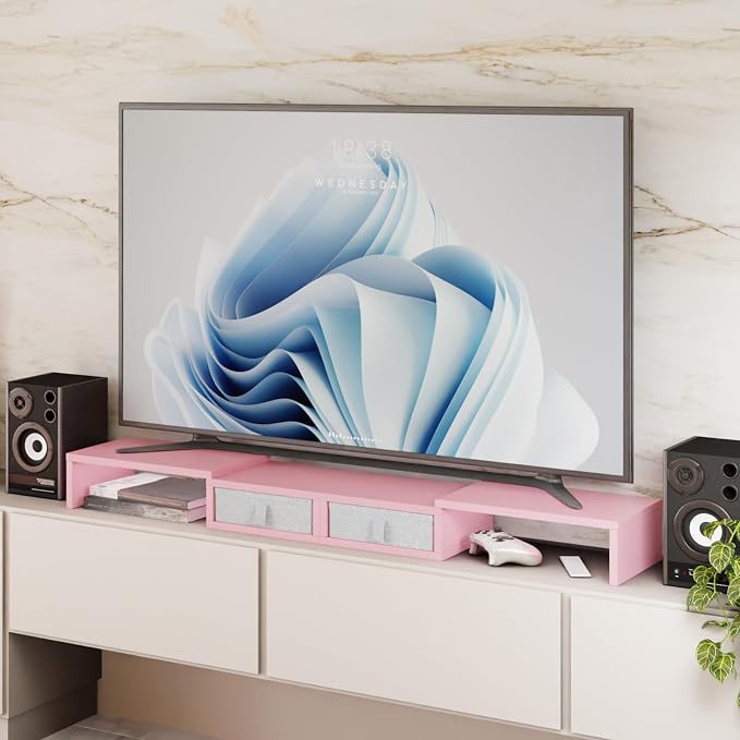TEAMIX Pink Dual Monitor Stand Riser with 2 Drawers - Length and Angle Adjustable Double Corner Desk Shelf Organizer 37 inch for 2 Laptop/PC/Screen/TV (2 Drawers - 8''H) - Image 7