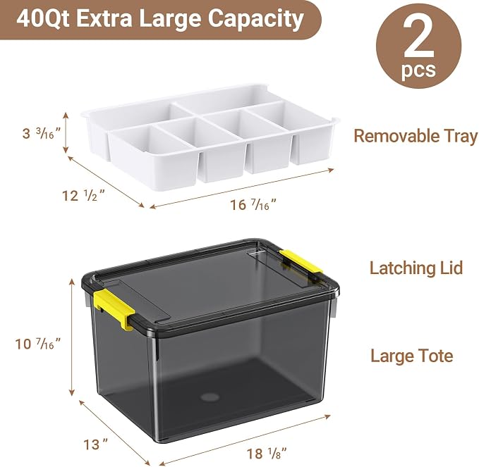 80Qt Stackable Storage Bins with Lids Trays Craft Box Organizers, 2Pack, GY | Clear Plastic Latching Boxes Organizers with Dividers Portable Containers for Arts & Crafts, Home Office Classroom Car Trunk - Image 2