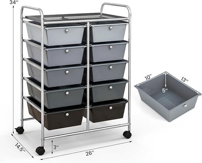 Giantex 10 Drawers Rolling Cart, Classroom Organizers, Storage Cart with Wheels, for Teacher Office Home School Supplies Tool Craft Art Paper, Black Gradient - Image 3