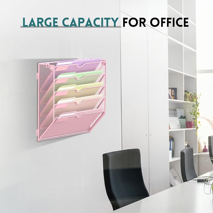 5 Tier Wall File Organizer, Hanging Wall Mounted Mail Organizer with Label Slots, Metal Mesh File Holder Magazine Rack for Office, Home, School, Pink - Image 5