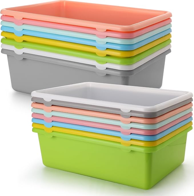 16 Pcs Large Plastic Book Bins for Classroom Cubby Storage Bins Bulk 15.3 x 11.8 x 5.1 inch Large Scoop Front Stackable Toy Storage Tub Containers for Library School Office Home Nursery by Dandat