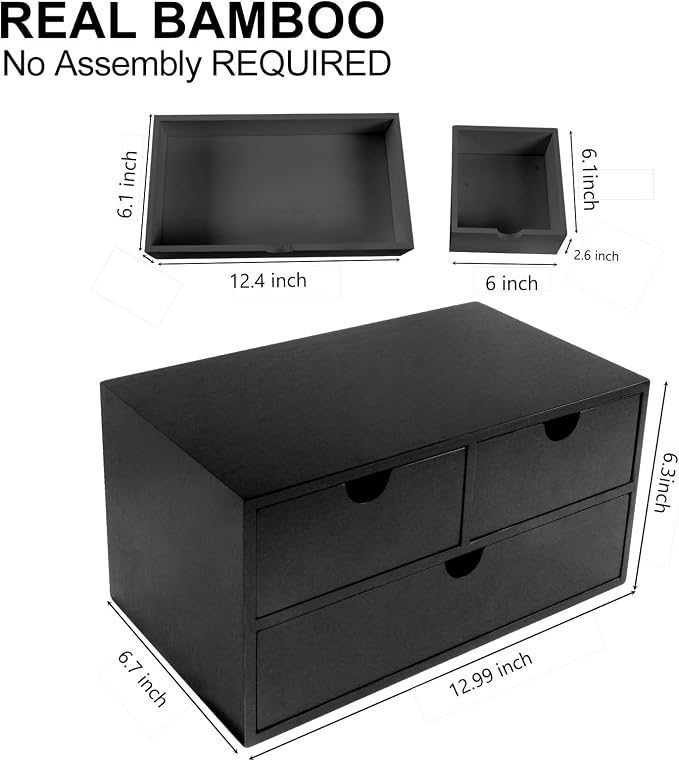 Charmewooden desk organizer with drawers countertop drawer organizer Tabletop Storage Organization Box Home Office Workspace Bathroom Toiletries Supplies (black) - Image 2
