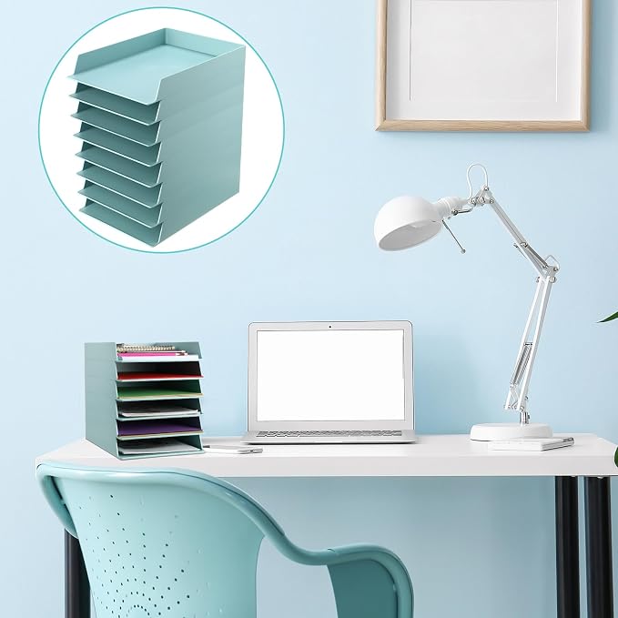 Tatuo 8 Pack Stackable Paper Trays Plastic Letter Tray Desk Organizer Paper Holder Organizer Storage Office Desk Accessories for Classroom Magazine File Documents 12.8 x 9.45 x 1.97, Blue Green - Image 6