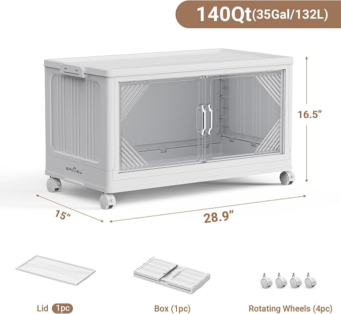 BROVIEW V60 140QT Plastic Stackable Storage Bins with Lid, 1Pack White | 35Gal Extra Large Closet Organizers Collapsible Cabinets Boxes With Drawer, Foldable Container with 4x Wheels for Home - Image 2