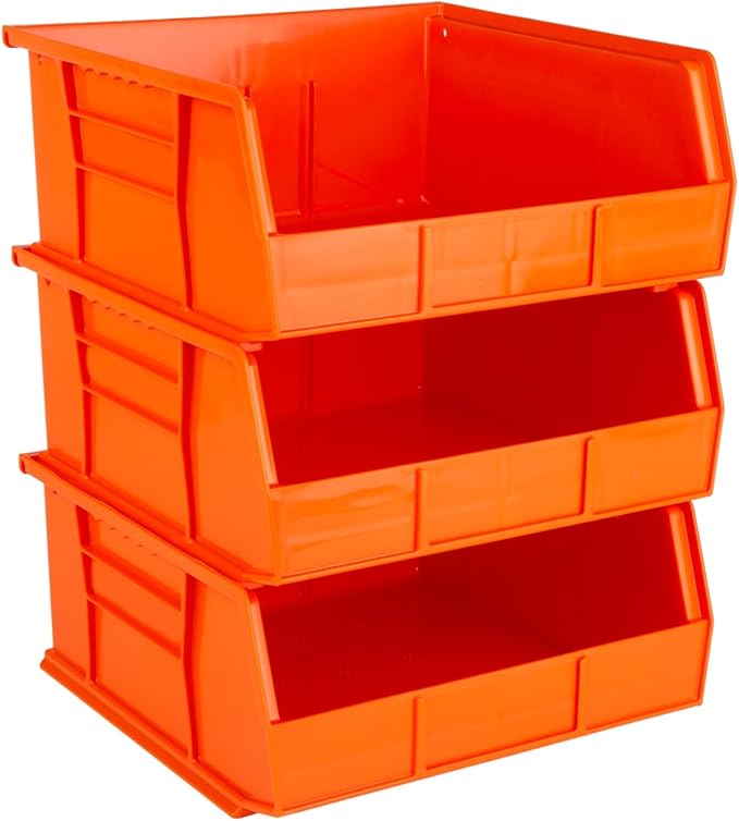 11" x 11" x 5" (3 Pack) Plastic Stackable Storage Bin, Orange by HudsonExchange