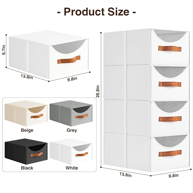Stackable Storage Drawers - Collapsible Storage Bins with Drawers, 6 Pack Closet Shelf Organizer Basket, Fabric Pull Out Organizer for Bedroom, Living Room, Dorm, White - Image 3