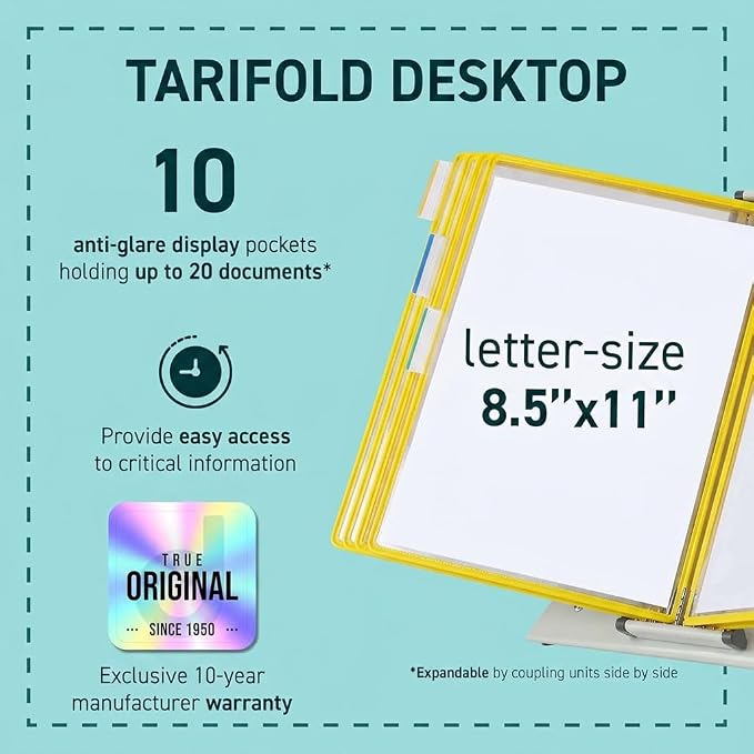 Tarifold Desktop Reference Display System, 10 Pockets, Expandable, Yellow | 10 Double-Sided PVC Pockets, Holds 20 Letter-Size Sheets, Sturdy Metal Base, Quick-Find Indexing, Quick and Easy to Assemble - Image 2