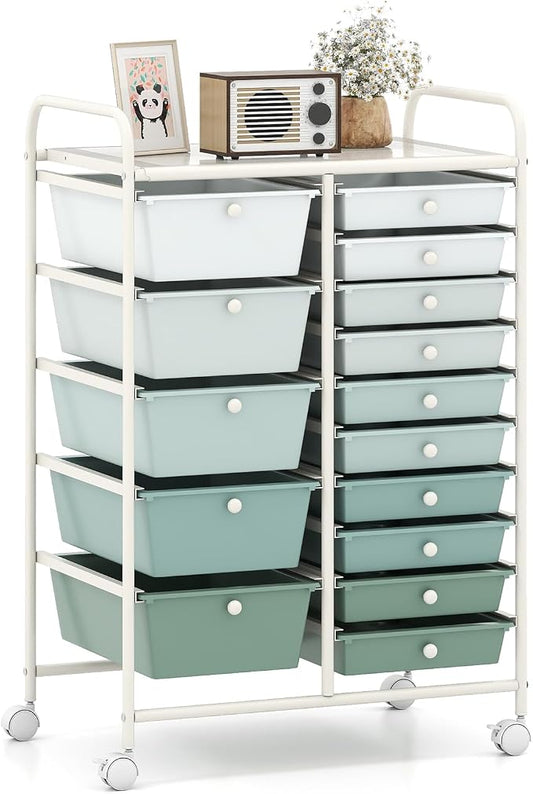 Giantex 15 Drawers Rolling Cart, Classroom Organizers, Storage Cart with Wheels, for Teacher Office Home School Supplies Tool Craft Art Paper, Green Gradient by Giantex