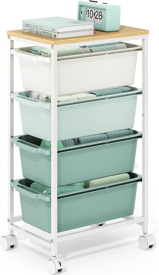 KINGBOARD Slim Rolling Cart with 4 Drawers, Metal Utility Storage Cart | Wooden Tabletop, Lockable Wheels, Table Side Trolley for Bedroom, Children's Room and Office Organization, Green by KINGBOARD