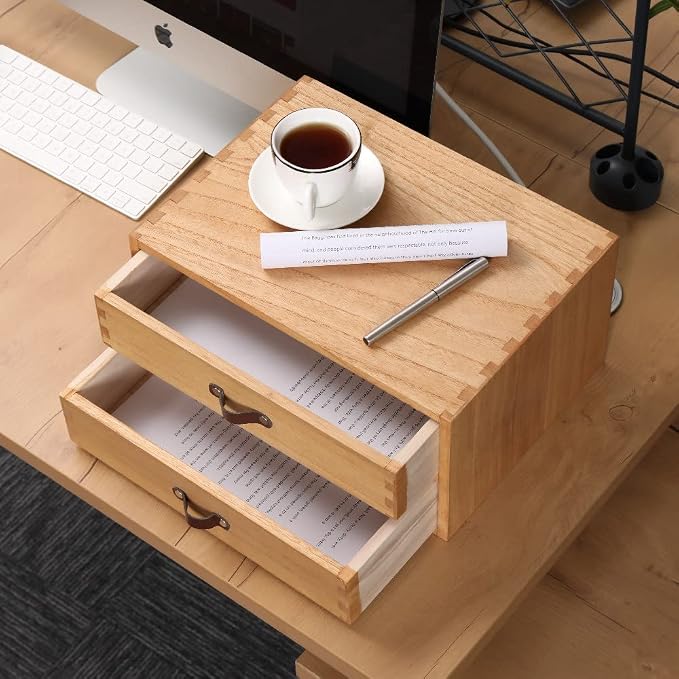 DDYURI Wooden Desk Organizer with 2 Drawers - Desktop Storage Drawers for Office Supplies File Paper Storage - Wood Chest/Small Cabinets for Jewelry Dresser Kitchen Counter (FAX2C-LT） - Image 7