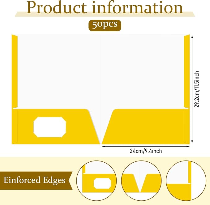 Jutom 50 Pcs 2 Pocket Glossy Paper Folders Glossy Paper Laminated Portfolios, Letter Size, Presentation Folders with Pockets for Office Teacher Worker Supplies(Yellow Color) - Image 2
