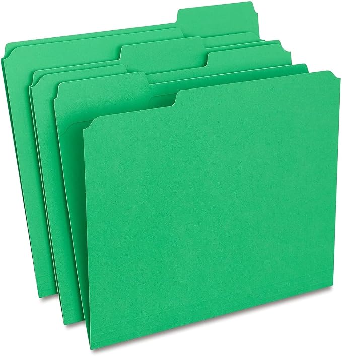 Staples Reinforced Colored File Folders, Letter Size, 3‑Tab Design, Green, Heavy‑Duty Construction, 100/Box by Staples