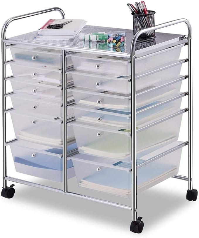 Moccha 12-Drawer Rolling Storage Cart - Under Desk Storage Drawers with wheels for Craft Art Supply Paper Salon, Scrapbook Paper Tools, Mobile Utility Cart for Classroom, Clear - Image 4