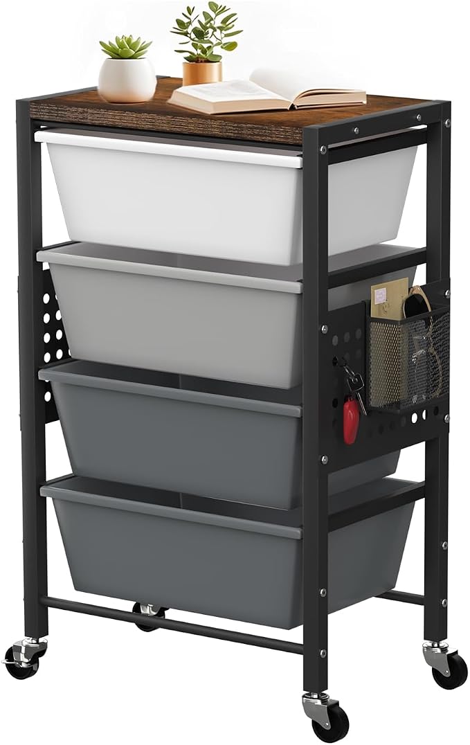 Rolling Cart with 4 Drawers, Plastic Drawer Storage Carts with Wheels & Wooden Tabletop, Metal Utility Cart with Pegboards, Office Living Room Classroom Craft Organization and Storage, Dark Grey by TimeForest