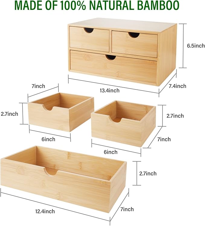 Charmewooden Bamboo Desk Organizer With Drawers Countertop Drawers Counter Storage Box Corner Desk Organizer for Home Office No Assembly Required (3 Drawers) - Image 2