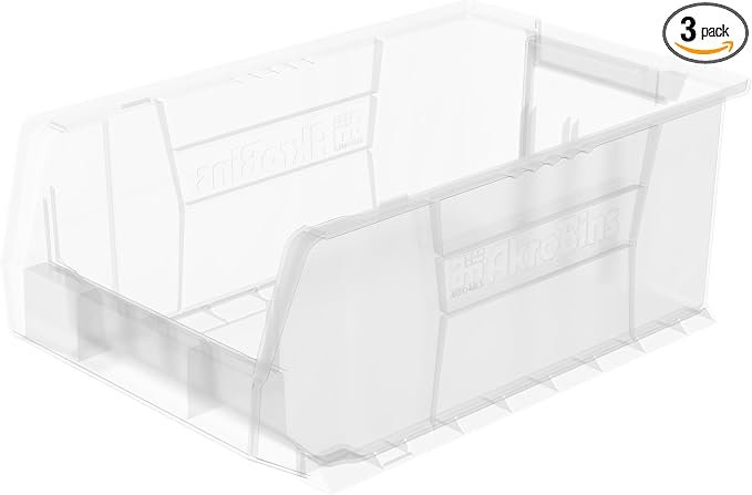 Akro-Mils 30281 Super-Size AkroBins Plastic Storage Bins, Space-Saving Stackable Bins for Garage, Classroom, Warehouse Organization, 20" L x 12" W x 8" H, Clear, 3-Pack by Akro-Mils