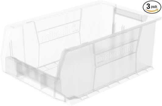 Akro-Mils 30281 Super-Size AkroBins Plastic Storage Bins, Space-Saving Stackable Bins for Garage, Classroom, Warehouse Organization, 20" L x 12" W x 8" H, Clear, 3-Pack by Akro-Mils