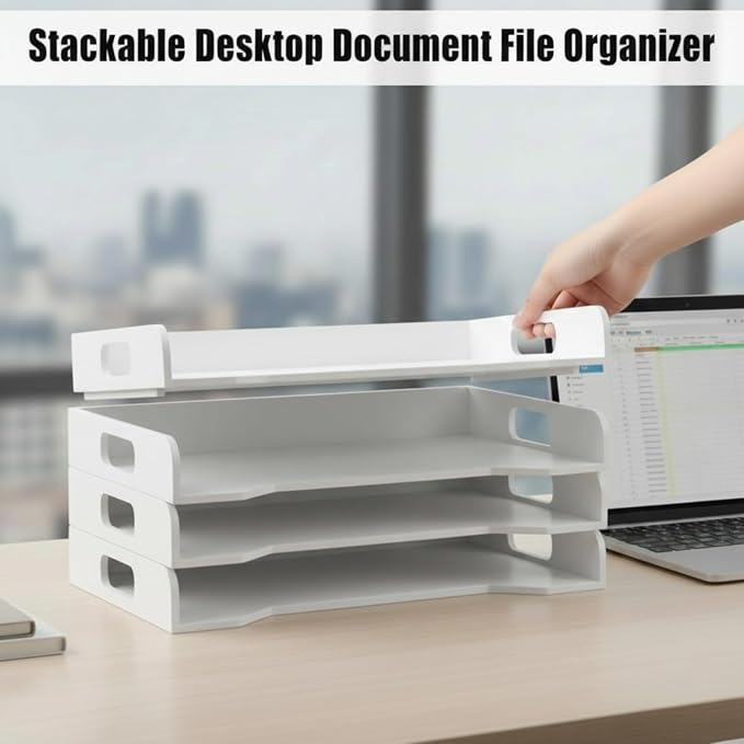 Wooden Stackable Paper Trays 4-Tier Wooden Paper Organizer for Desk Letter Documents Woodens Desktop File Organizers for Desktop File Holder and Office Supplies Rack for Home Office Use(White) - Image 5