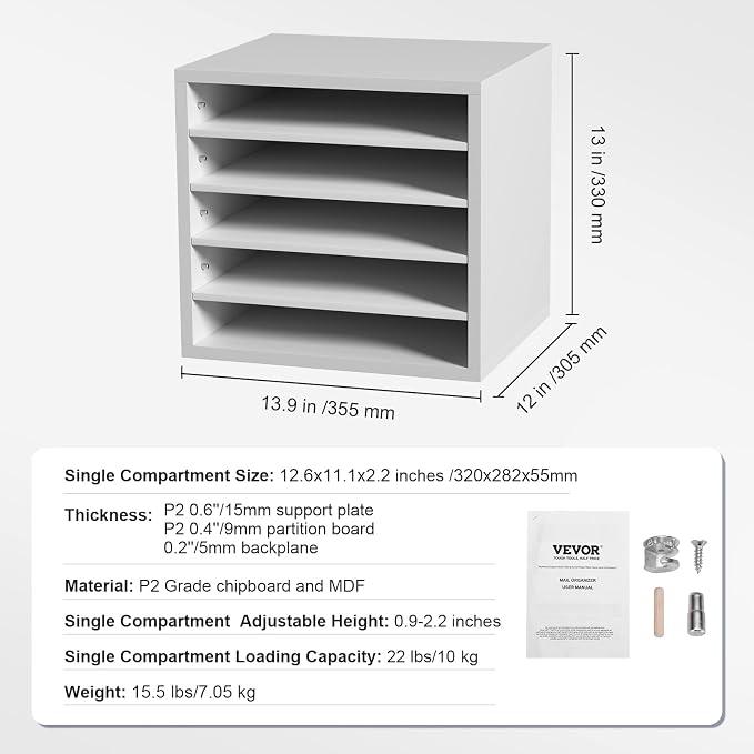 VEVOR Literature Organizers, 5 Compartments Office Mailbox with Adjustable Shelves, Wood Literature Sorter 13.9x12x13 inches for Office, Home, Classroom, Mailrooms Organization, EPA Certified, White - Image 7