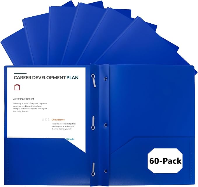 60-Pack Plastic Folders with Pockets and Prongs,2-Pocket Poly Folders with 3 Fasteners Holds 8-1/2" x 11" Paper for School/Office/Home, Blue by EEHZTSIOFFICE