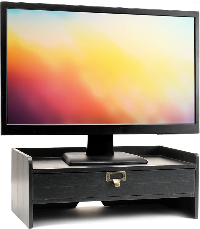 EXCELLO GLOBAL PRODUCTS Wooden Monitor Stand: Includes Drawer for Desktop Organization of Notebooks, Pens, Pencils & Office Supplies (Black) by ExcelloGlobalProducts