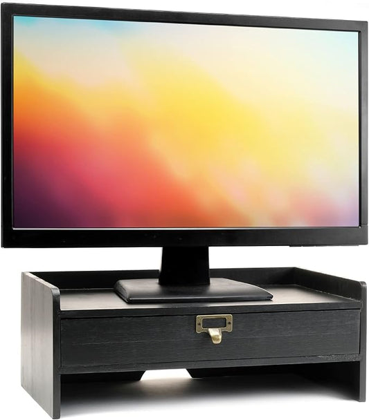 EXCELLO GLOBAL PRODUCTS Wooden Monitor Stand: Includes Drawer for Desktop Organization of Notebooks, Pens, Pencils & Office Supplies (Black) by ExcelloGlobalProducts