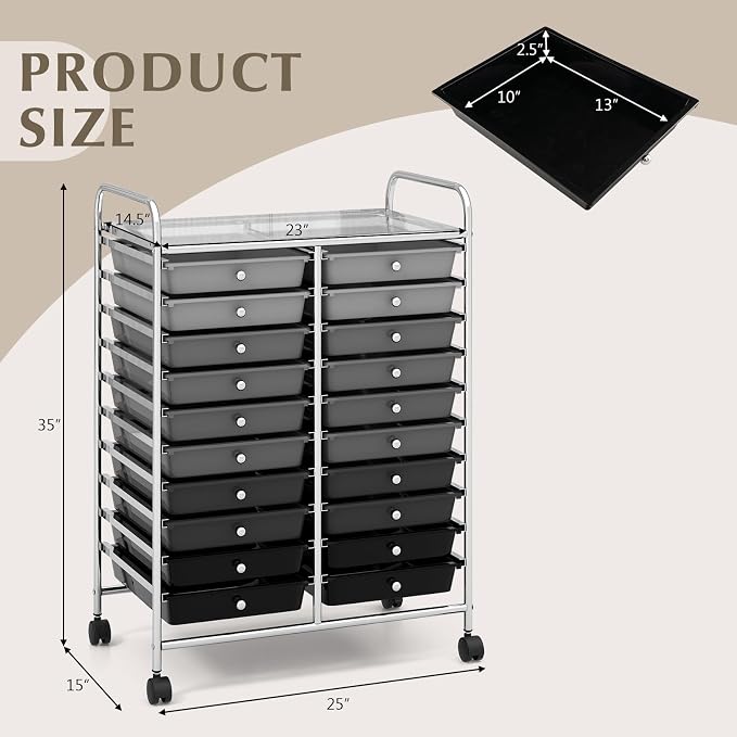 GOFLAME 20-Drawer Rolling Storage Cart, Multifunctional Art Craft Organizer Cart, Mobile Utility Storage Cart with Removable Drawers & Lockable Wheels, Craft Cart for Home Office School, Grey Gradient - Image 3