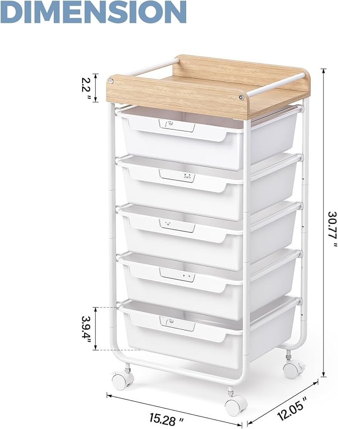Utility Cart with 5 Drawers, Art Cart for Teacher Kid, White | Rolling Storage Cart for Crafters Artists Student Storage Arts Crafts & Study Supplies in Craft Room Dorm Classroom Kids Room - Image 2
