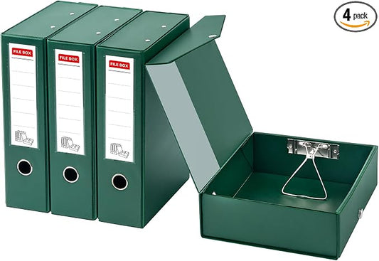 Storage File Boxes 4 Pack, Foldable File Box with Clip, 88mm Spine, Green | Archives Cases with Magnetic Closure, Plastic Document File Organizer Storage by LEPAPILLIONJEWELRY