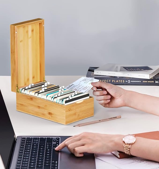 Neando 3x5 inches Index Card Holder, Bamboo Index Card Box with 20-count Index Cards Guide and 200-count Note Cards, Note Flash Card Organizer Case, Wood Recipe Box, Business Card Storage Box with Divider Tabs, 4 Compartments for 600 Cards, Card File N... - Image 6