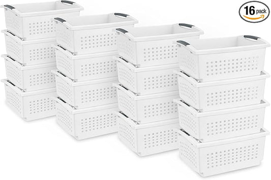 Sterilite 16 Pack Large Stacking Basket, Open Top Storage Bin with Handles, White - Ideal for Home Closets, Kitchens, or Office Organization by Sterilite