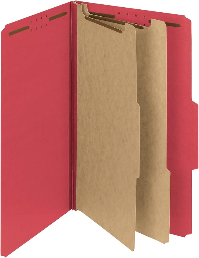 Smead PressGuard Classification File Folder with SafeSHIELD Fasteners, 2 Dividers, 2" Expansion, Legal Size, Bright Red, 10 per Box (19202) by SMEAD