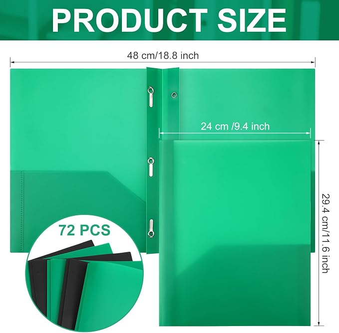 Cholemy 72 Packs Pocket Folders with Prongs Heavy Duty Plastic Folder with Business Card Slot 3 Prong Fasteners for School Office (Black,Green) - Image 2