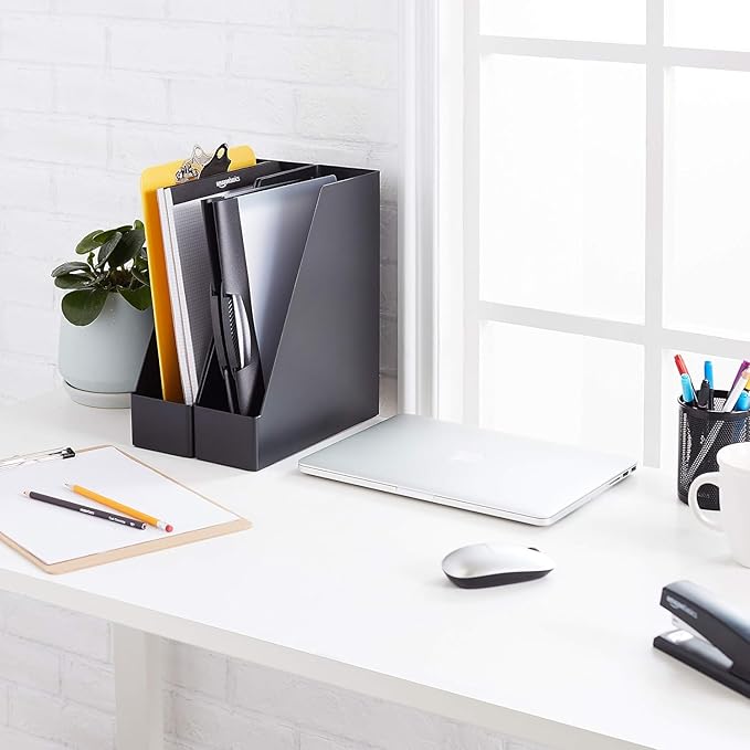 Amazon Basics Plastic Desk Organizer Magazine Rack and File Holder, Black, 2-Pack - Image 2