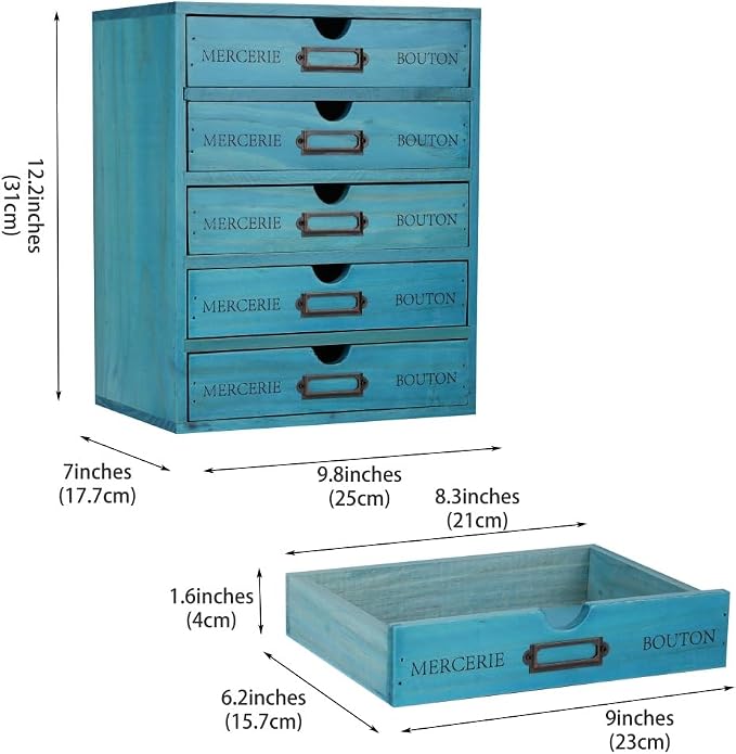 Small Wooden Drawers Wooden Box with Drawer, Blue 5 Wood Drawer | Countertop Storage Box for Apothecary Cabinet, Apothecary Drawers，Desktop Organizer for Office，Home - Image 3