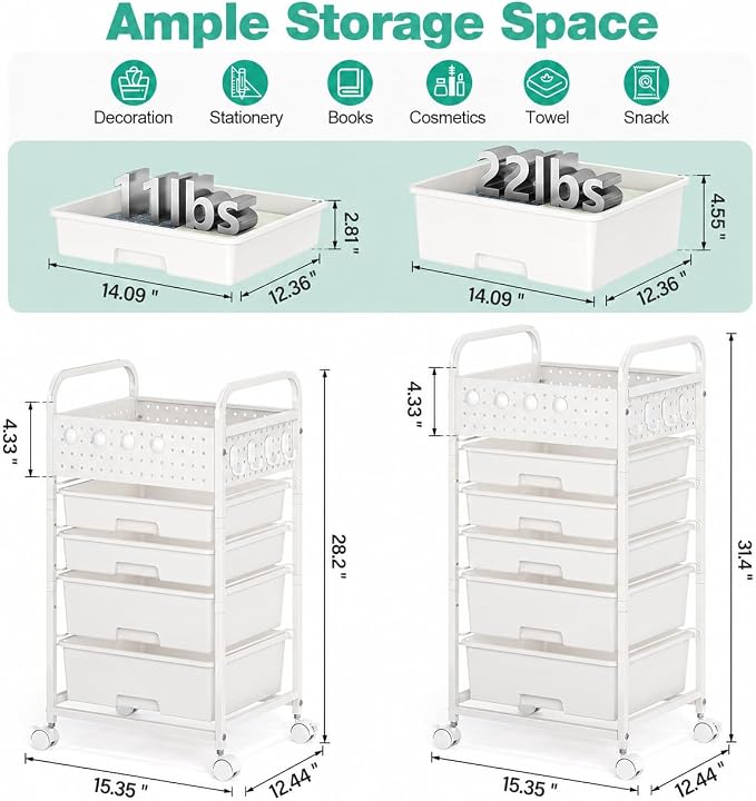 5 Drawer Rolling Storage Cart with Pegboard Top and Hooks, White | Mobile Utility Organizer with Wheels for Office Supplies, Craft Storage, Classroom Organization, Home Storage Cart - Image 2