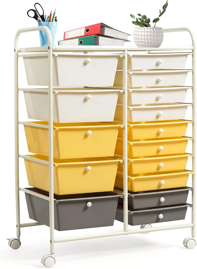COSTWAY 15 Drawer Rolling Storage Cart, Mobile Storage Organizer | Removable Drawers & Metal Frame, Multipurpose Utility Tools Paper Organizer on Wheels for Home, Office (Yellow, Beige & Grey) by COSTWAY
