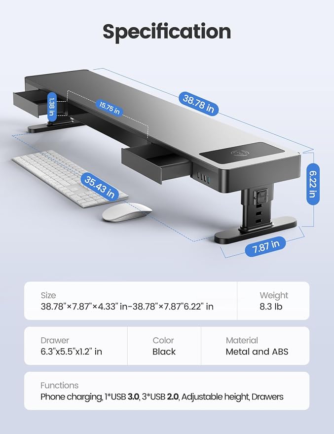 meatanty Dual Monitor Stand with 4 Adjustable Heights, Auto Phone Charging Pad, 4 USB Ports, Computer Riser with Drawers Storage, Metal Double Desk Organizer Lifter Raiser for 2 Monitors Screen Gift - Image 7